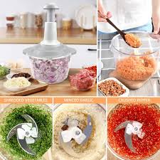 Manual Hand Operated 2000 ml Chopper Pump Action with 4 Blades Food Processor Portable Container Kitchen Gadget with Mixture Attachment and 3 Slicer Set
